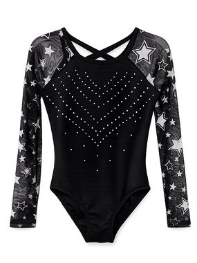 Justice Dance Gym Black Rhinestone Star Mesh Leotard Kids Large 12/14
